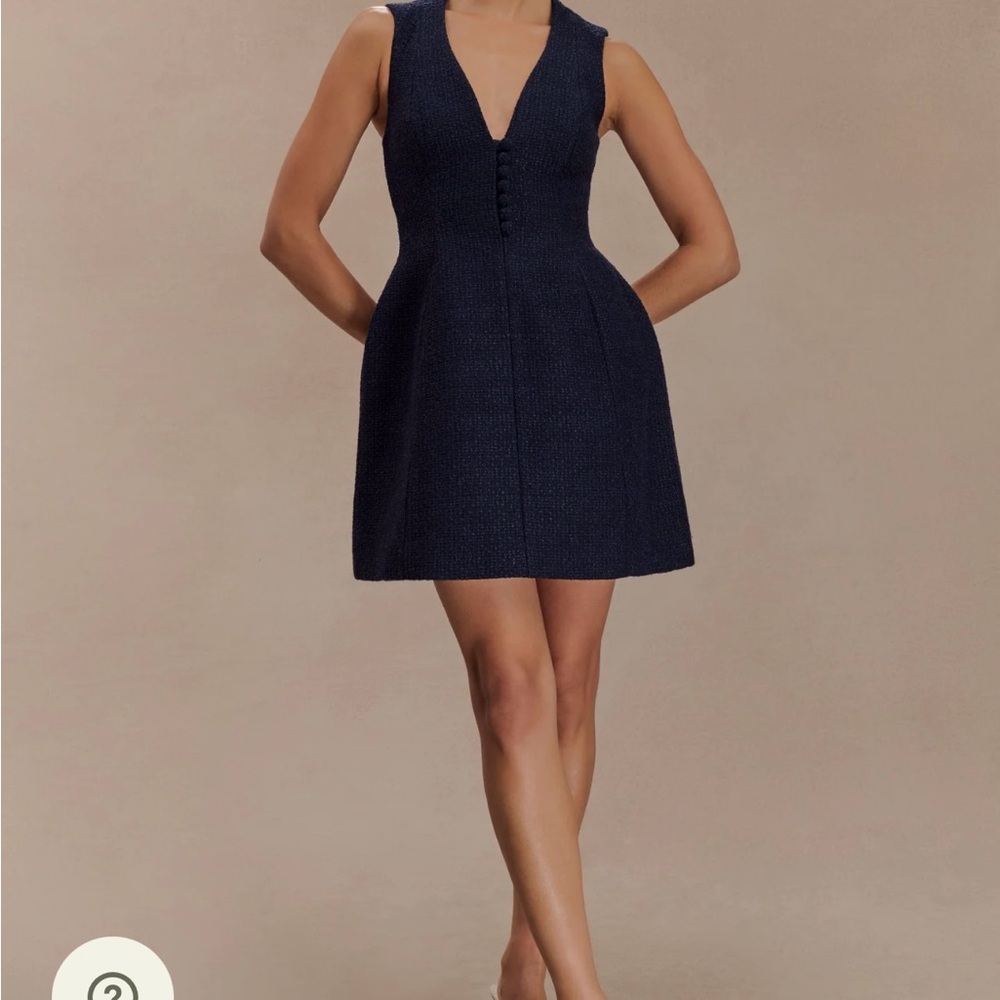 Danna Boucle Deep Blue V-Neck Mini Dress with pleats
